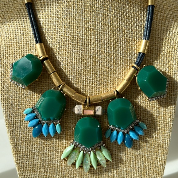 NWT J Crew Statement Green Blue Brass Golden Rhinestone Faux? Leather Necklace - Picture 1 of 8